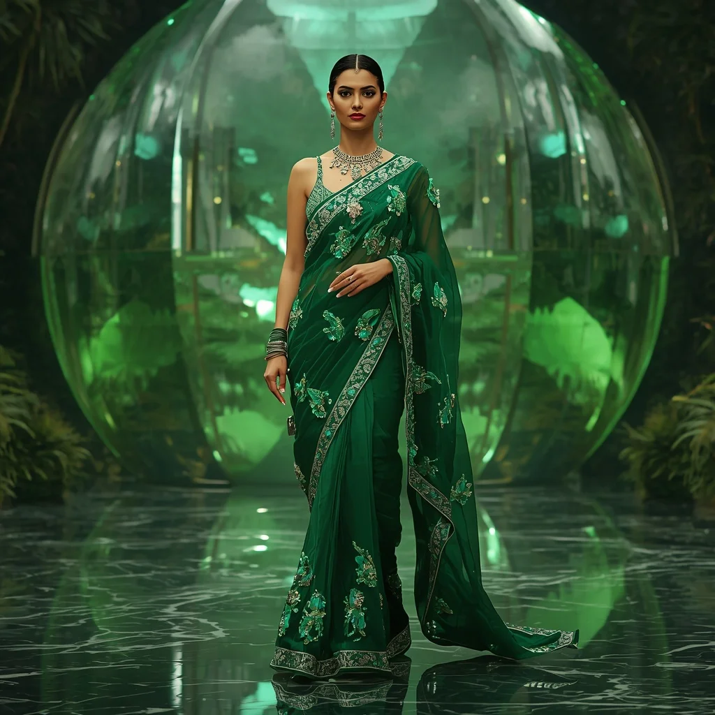 Futuristic Emerald Jungle Saree with Elegant Marble Editorial Walk and Floating Reflection Dome Background | Ai Gemini Prompt