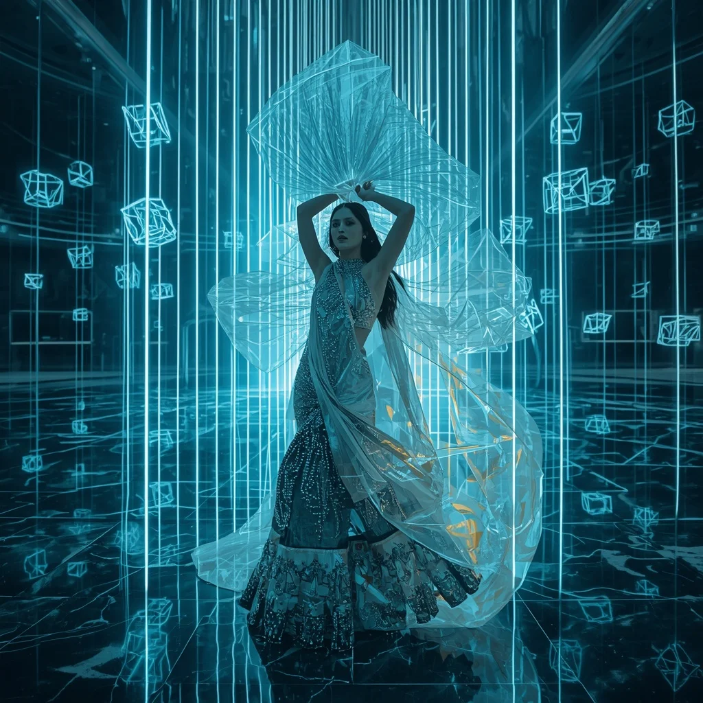 Futuristic Hologram Cage Saree with Floating Laser Architecture | Youtube Thumbnail Ai Prompt