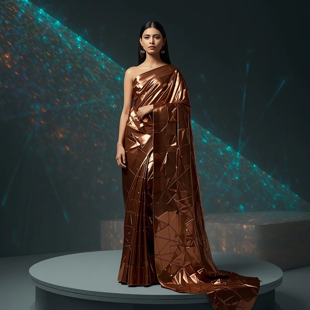 Futuristic Liquid Bronze and Copper Geometric Paneled Saree | Instagram Aesthetic Ai Prompt