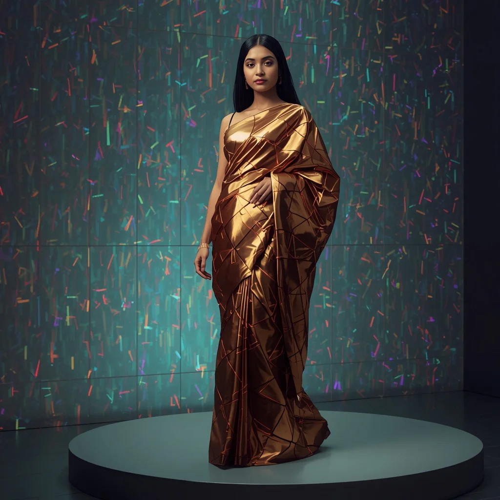 Futuristic Liquid Gold and Copper Geometric Paneled Saree | Ai Girl Image Prompt