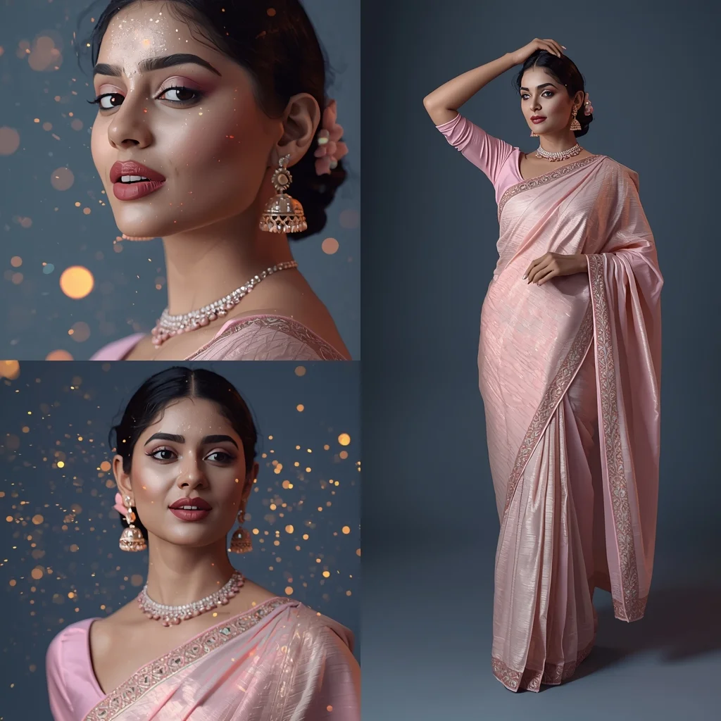 Futuristic Luxury Pastel Saree Image Prompt for Women with Holographic Glow Particles and Modern Glam | Saree Prompt Generator