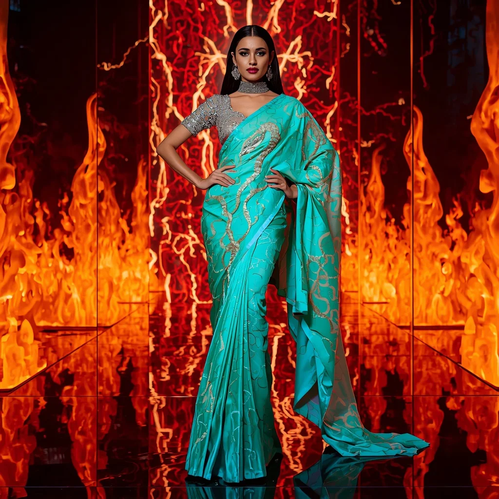 Futuristic Neon Serpent Saree Couture with Electric Cyber Flame Palace Background | Instagram Viral Photo Prompt