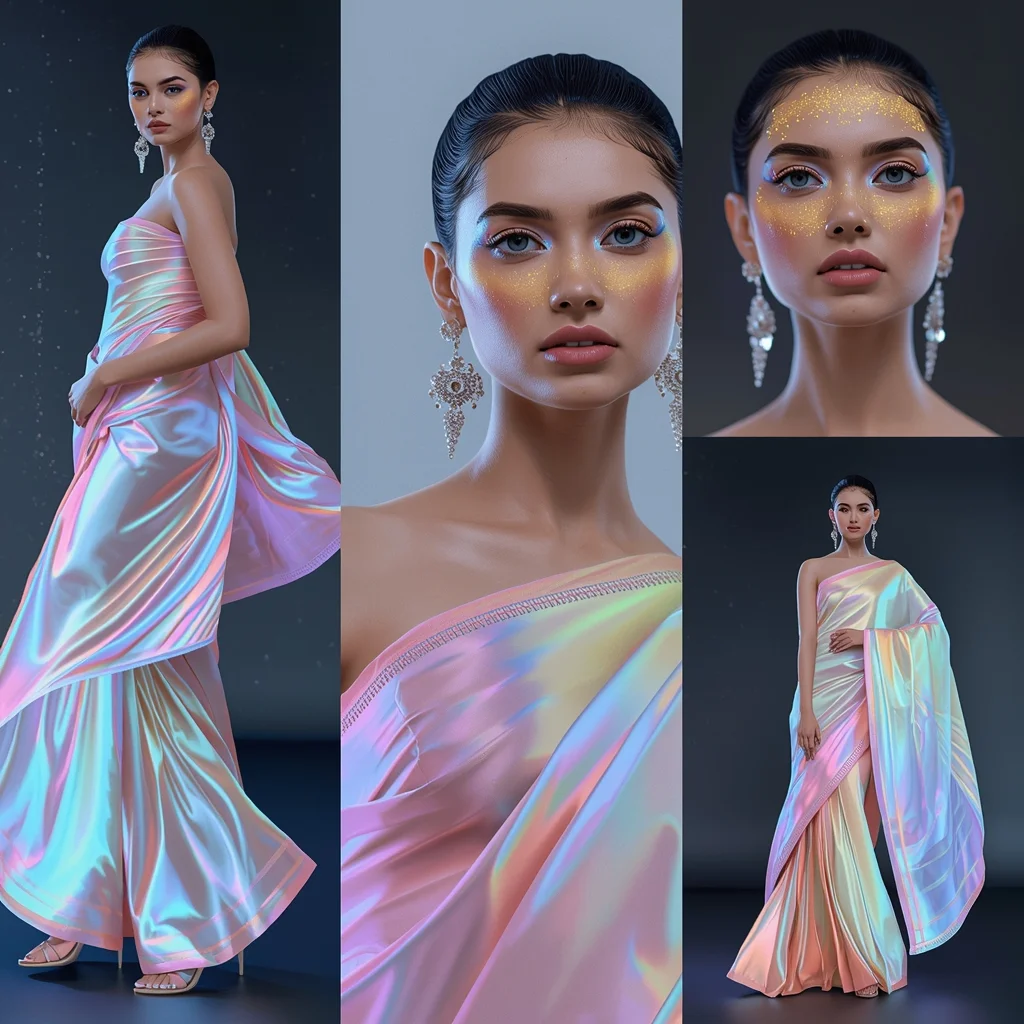 Futuristic Premium Pastel Saree Image Prompt for Women with Holographic Silk Flow and Modern Glam | Indian Bride Saree Ai Prompt