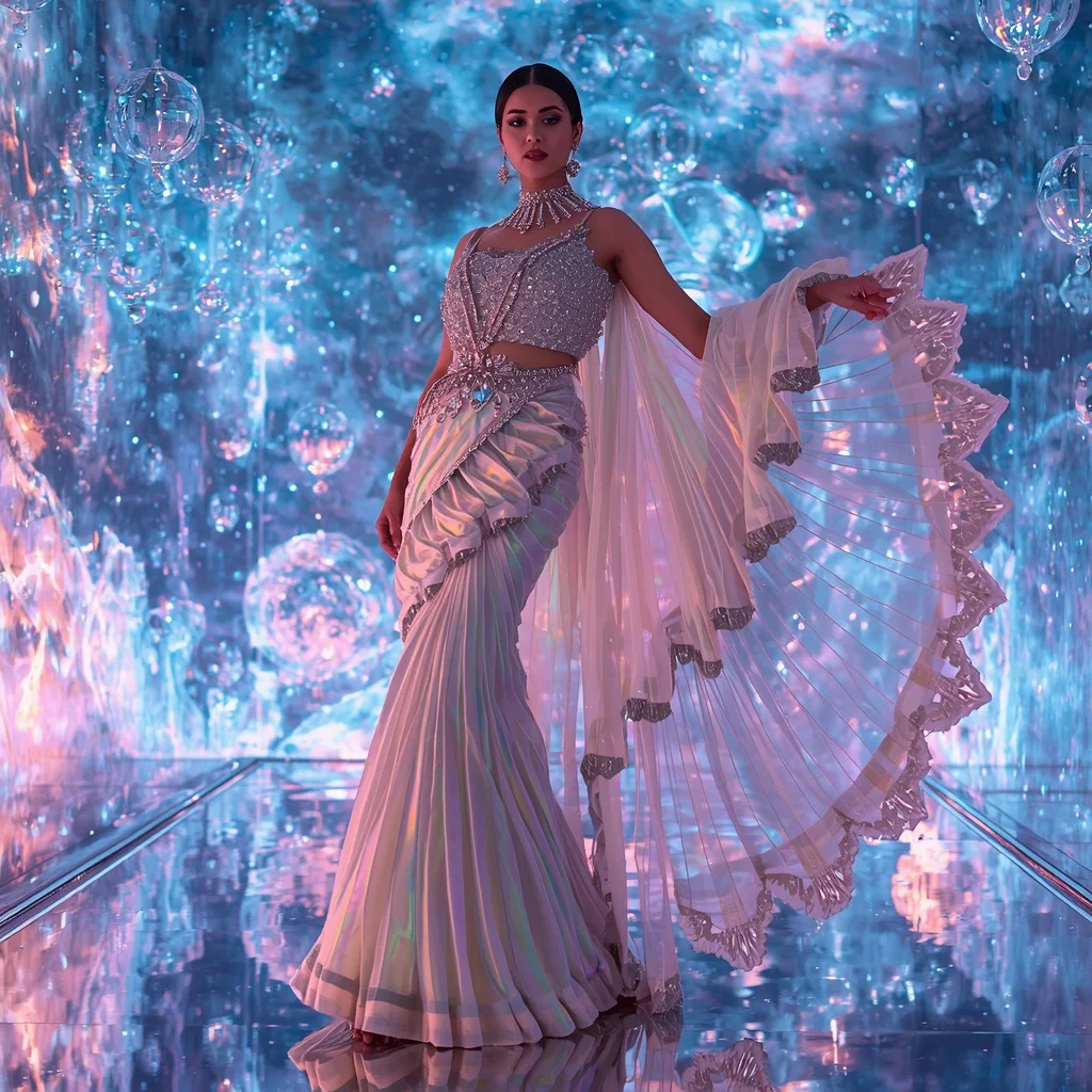 Futuristic Rainbow Prism Saree Couture with Holographic Sky Crystal Galaxy Background | Pre Wedding Ai Prompt