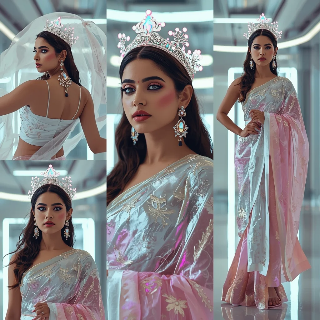 Futuristic Royal Pastel Saree Image Prompt for Women with Holographic Crown and Tech Glam | Indian Girl Saree Ai Prompt 4k Realistic