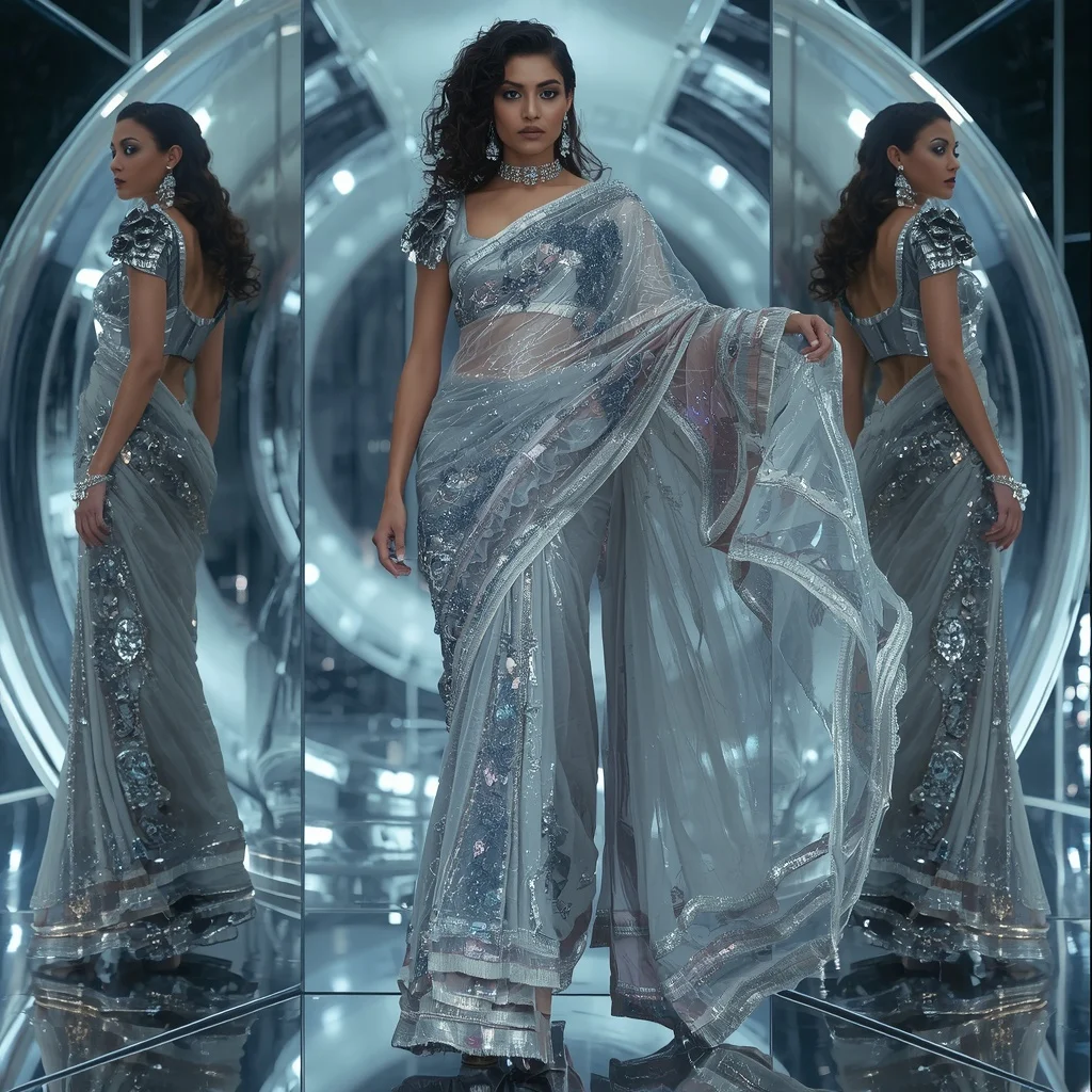Futuristic Silver Galaxy Wave Saree with Sharp Editorial Curl Walk and Chrome Reflection Dome Background | Chatgpt Photo Editing Styles For Girl