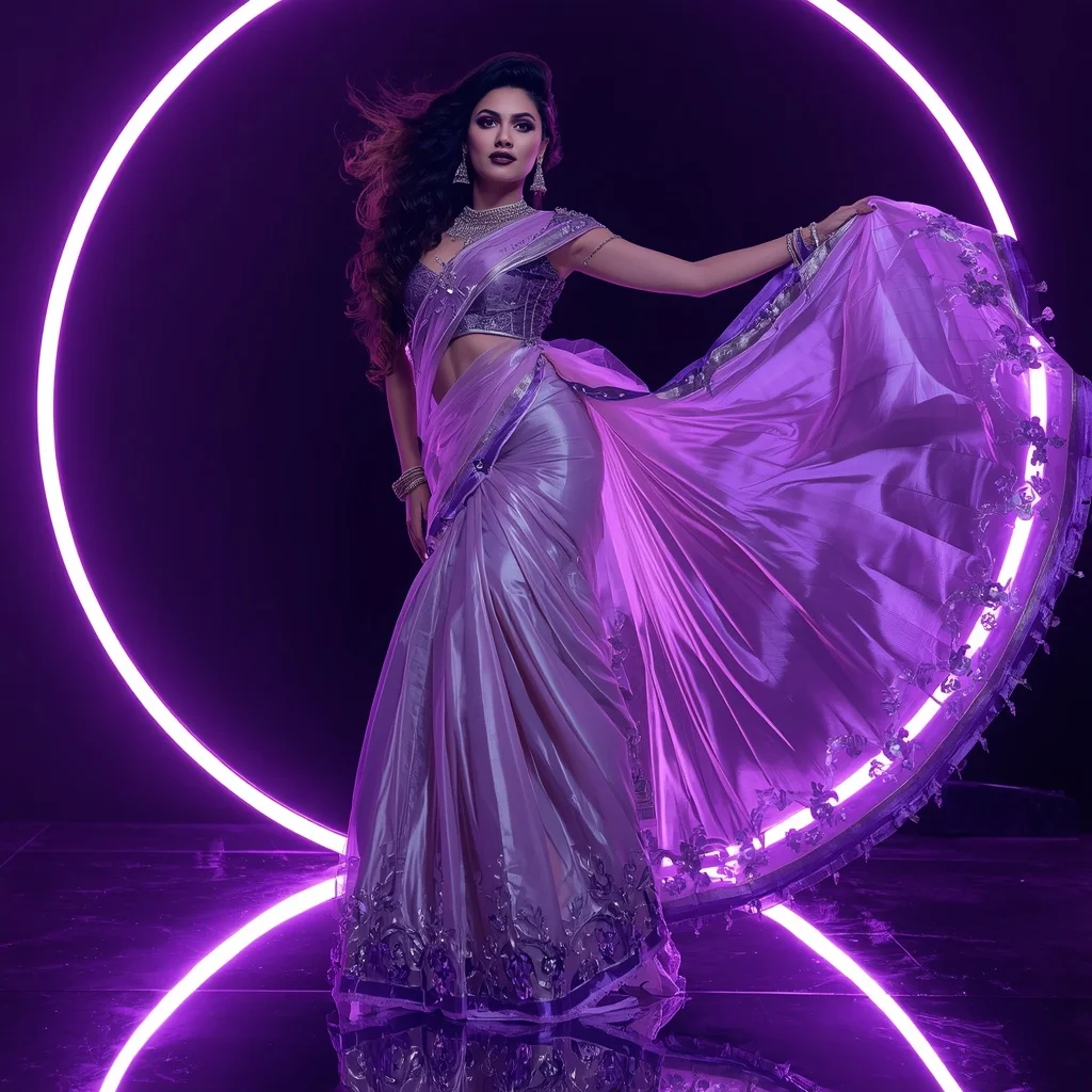 Futuristic Violet Aurora Saree with Dramatic Editorial Air Curl and Neon Reflection Ring Background | Gemini Ai Prompt For Girl
