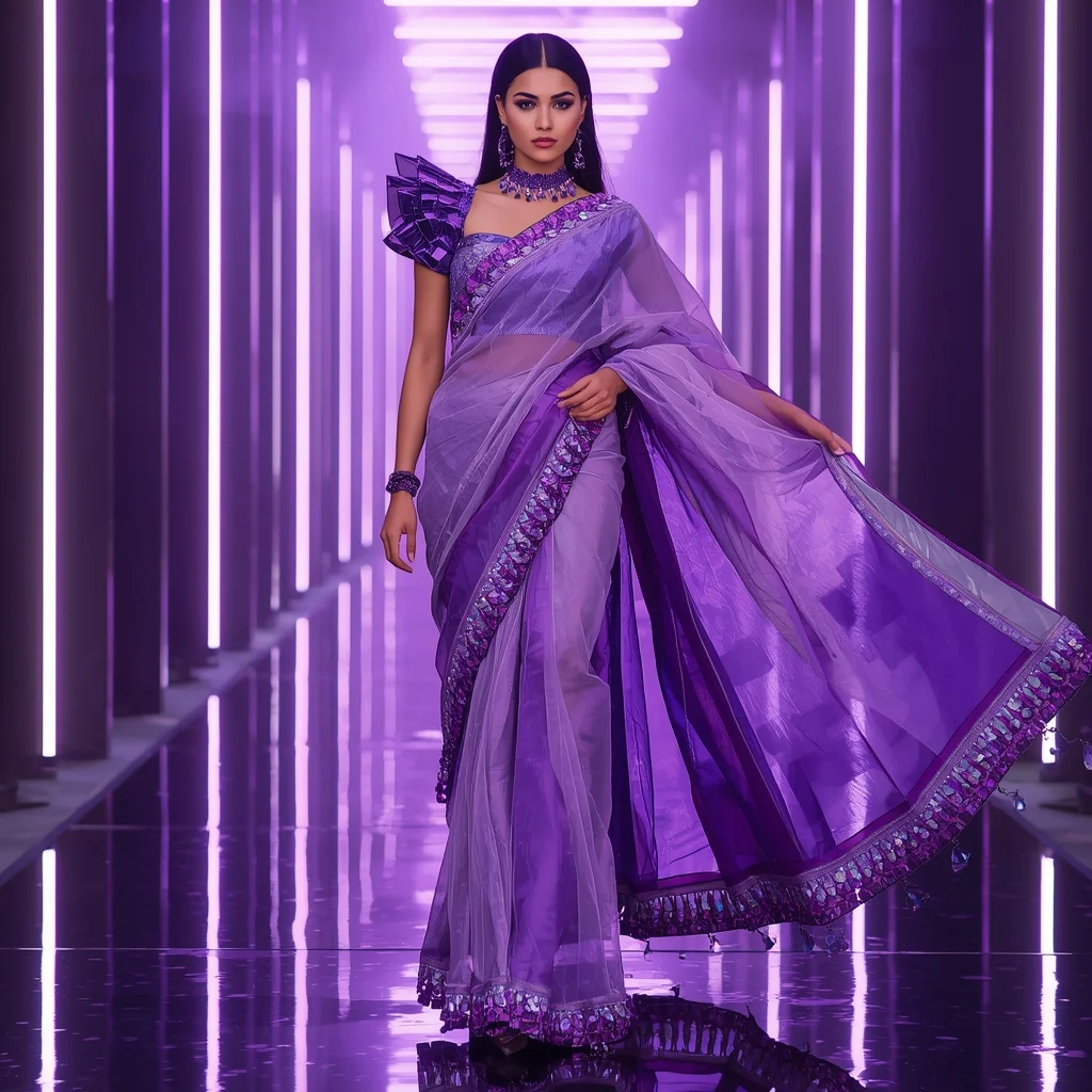 Futuristic Violet Aurora Saree with Dramatic Editorial Air Walk and Neon Reflection Palace Background | Female Model Ai Prompt