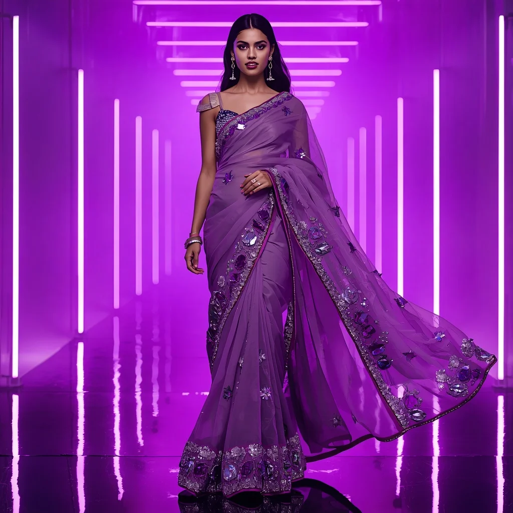 Futuristic Violet Aurora Saree with Dramatic Editorial Curl Walk and Neon Reflection Tunnel Background | New Instagram Trend Prompt For Girl And Boy Copy And Paste