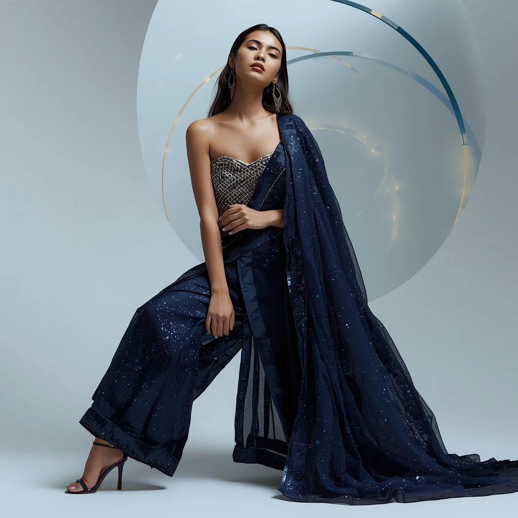 Galactic Navy and Metallic Mesh Saree with Arc Lights | Ai Prompt For Reels