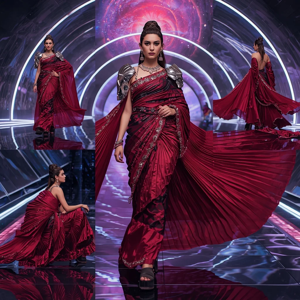 Galactic Ruby Empress Saree with Floating Infinity Neon Galaxy | Prompt Chatgpt