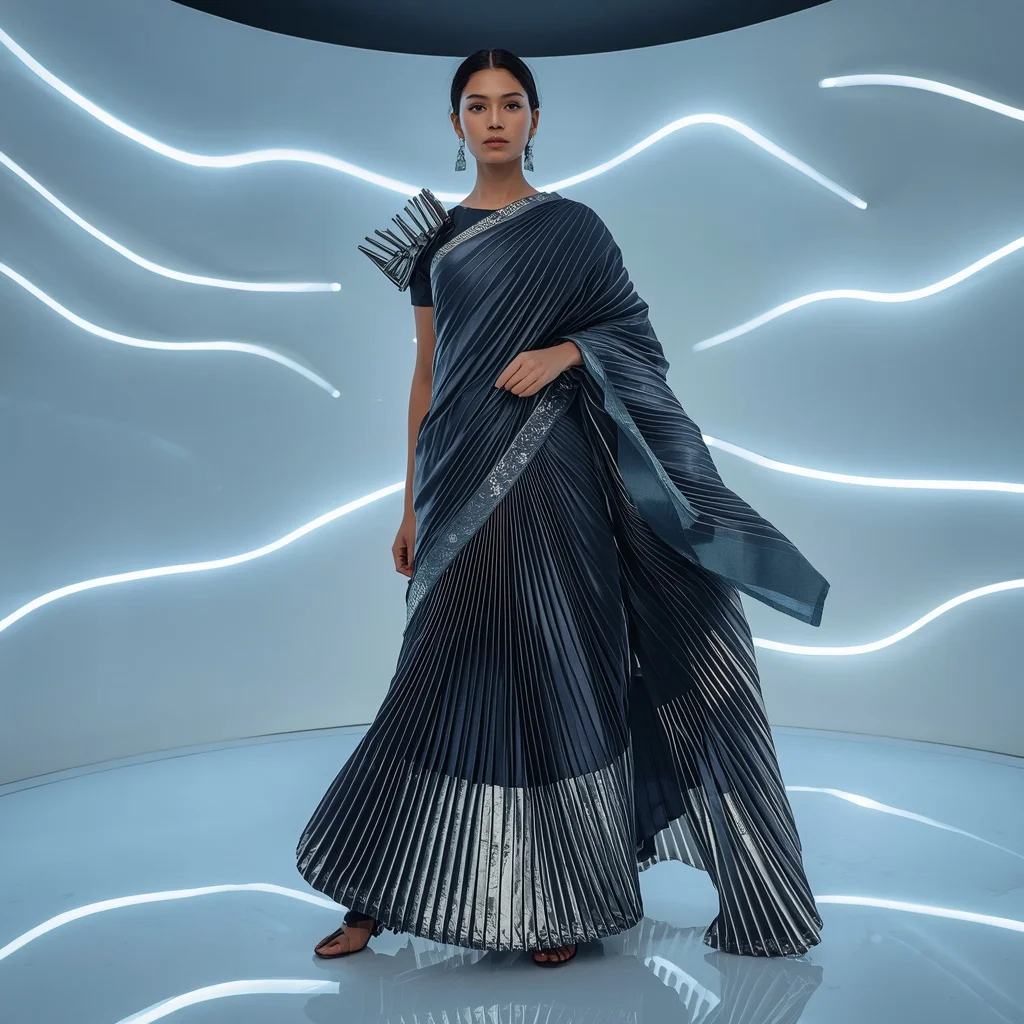 Geometric Kinetic Plissé Saree with Floating LED Wave Chamber | New Instagram Trend Prompt For Girl Attitude