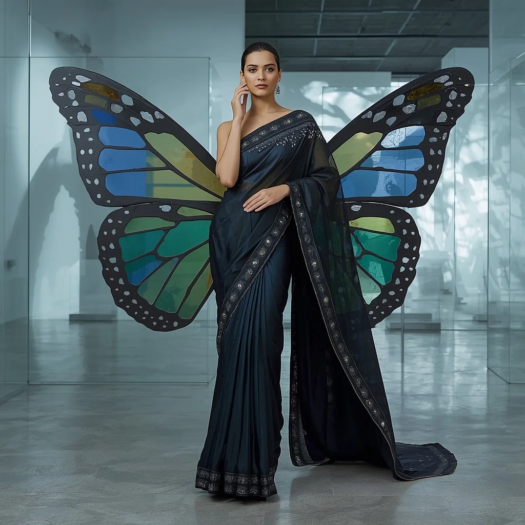 Geometric Stained-Glass Butterfly Saree with Futuristic Art Gallery Background | Prompt Engineering