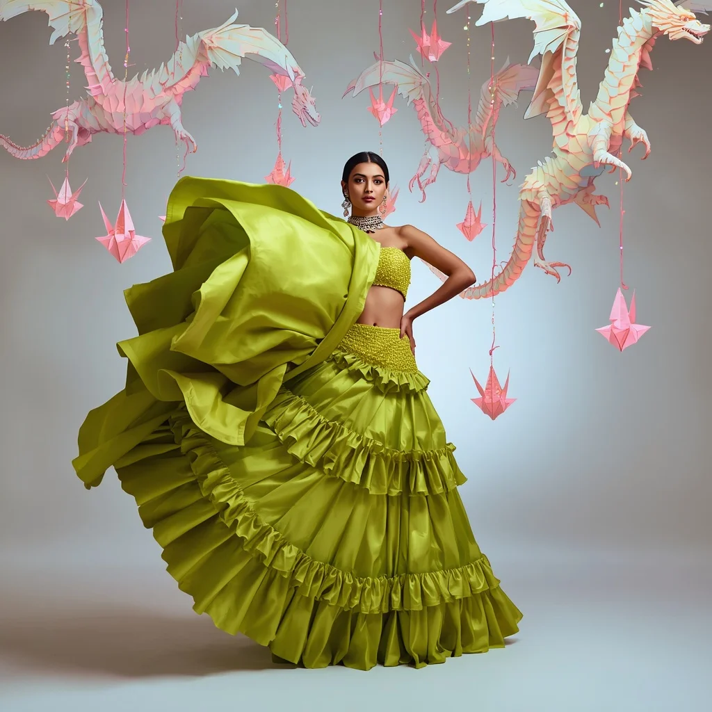 Giant 3D Foam-Sculpted Architectural Ruffle Saree: Electric Lime | The Violent Hip-Snap Fabric Flare Pose | LED Origami Dragons | Best AI Art