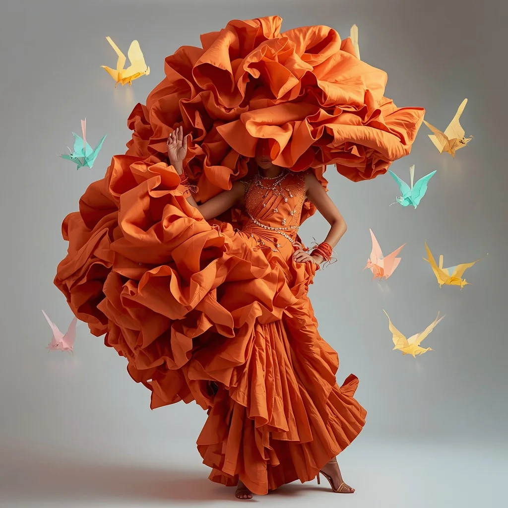Giant 3D Foam-Sculpted Architectural Ruffle Saree: Tangerine | The Violent Hip-Snap Fabric Flare Pose | LED Origami Dragons