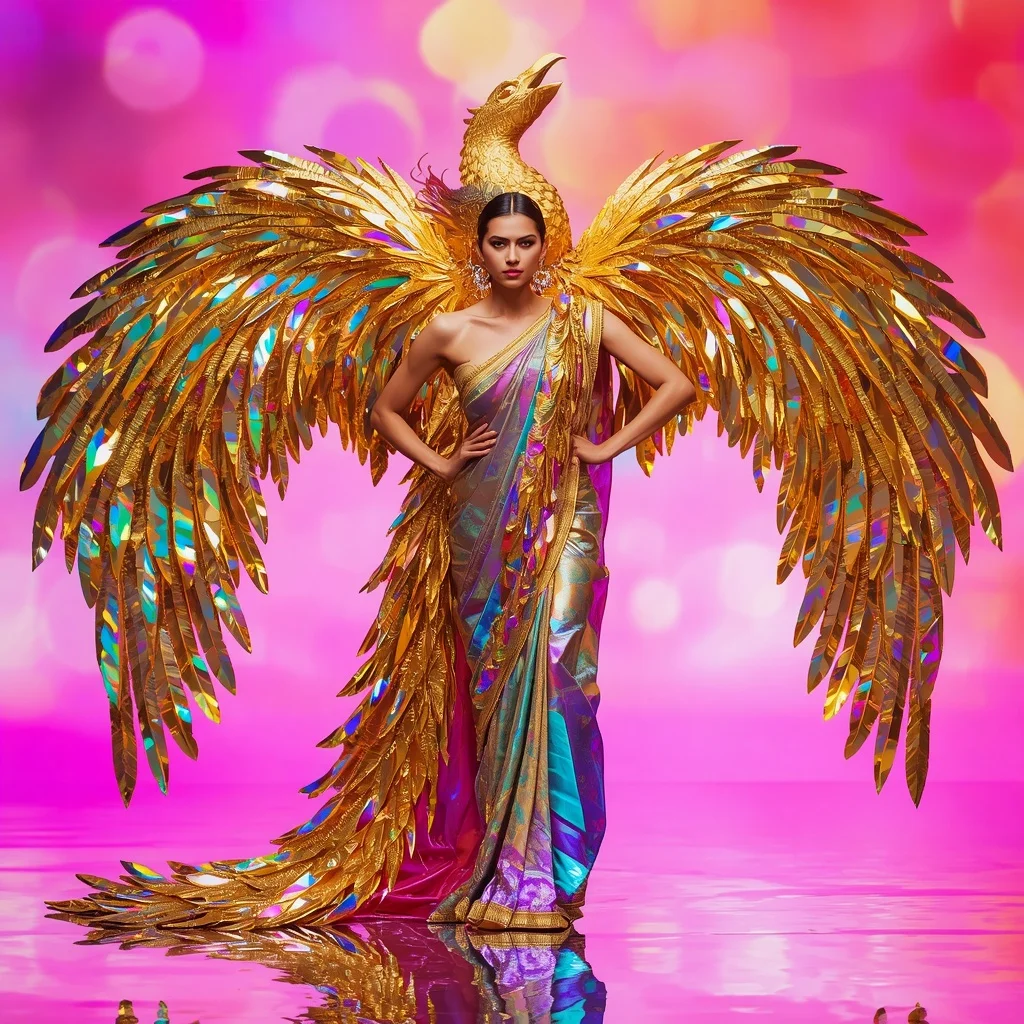 Giant 3D Sculpted Gold Phoenix Saree with Iridescent Prism Feathers | Selfie Prompt