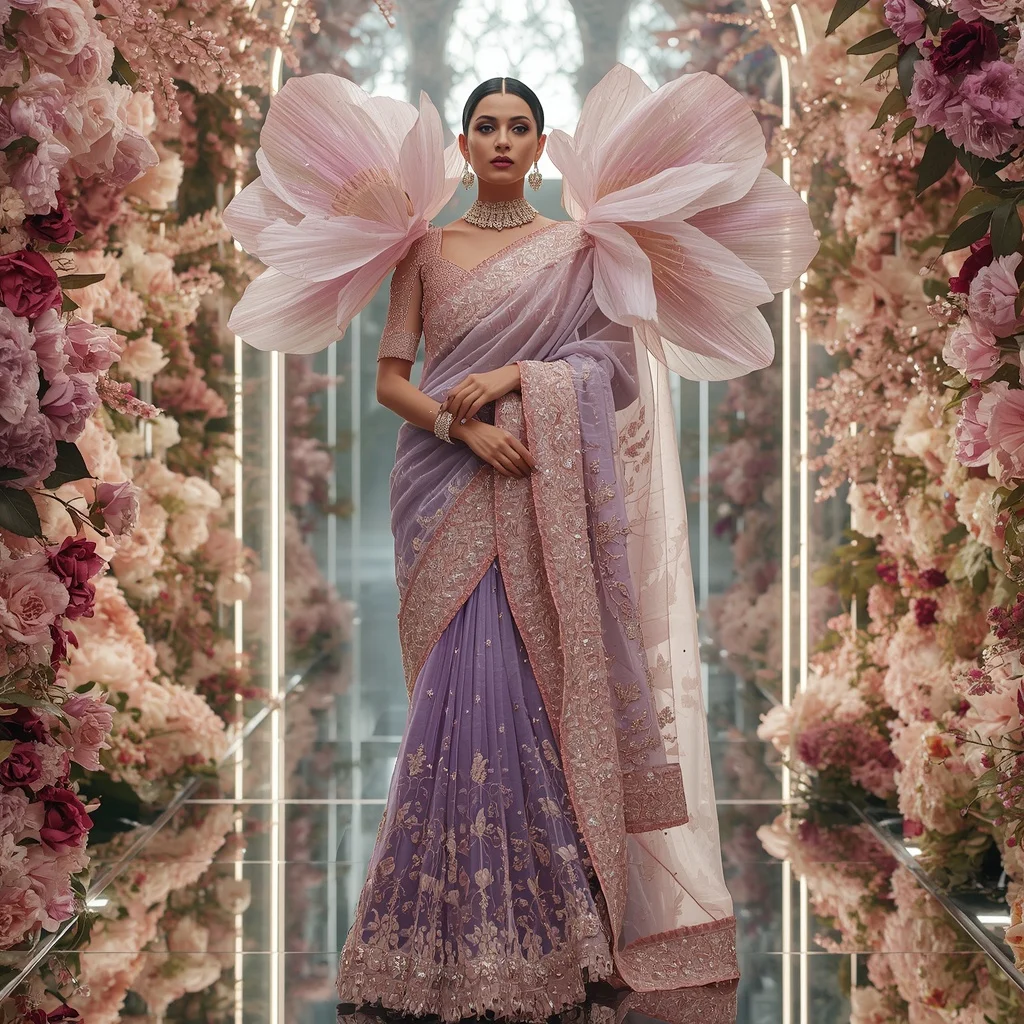 Giant Crystal Anemone Bloom Saree with Royal Floral Sanctuary | Prompt For Traditional Look For Girl