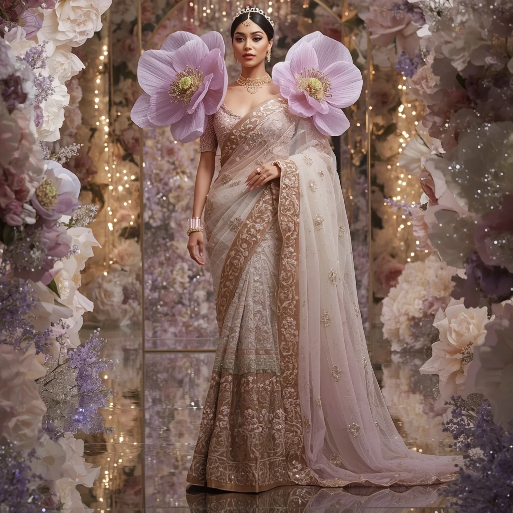 Giant Crystal Anemone Bloom Saree with Royal Floral Sanctuary | Ai Photo Editing Prompt