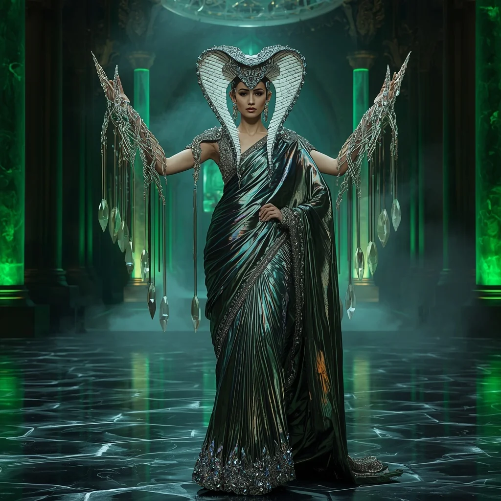 Giant Crystal Cobra Queen Saree with Serpent Throne Infinity Palace | Beautiful Saree Girl Ai Prompt
