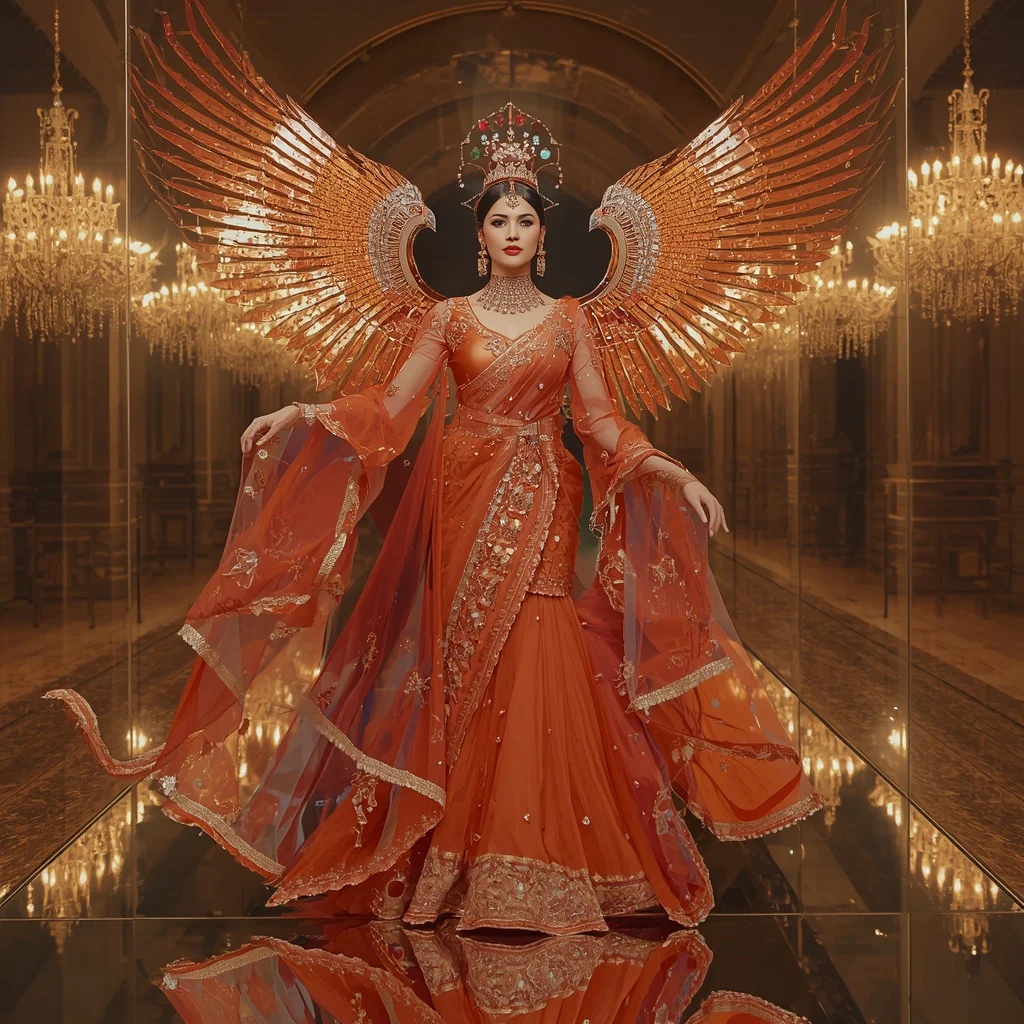 Giant Crystal Firebird Palace Saree with Reflection Kingdom Fortress | Prompt For Girl Photo Editing