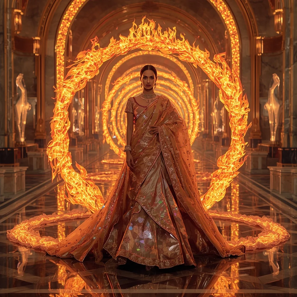 Giant Crystal Flame Wheel Saree with Floating Neon Ember Palace | Chatgpt Photo Editing Prompts For Girl In Saree