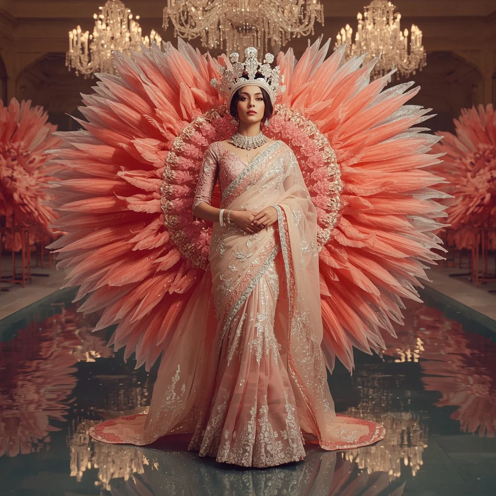Giant Crystal Flamingo Crown Saree with Reflection Lagoon Kingdom | Desi Girl Ai Prompt