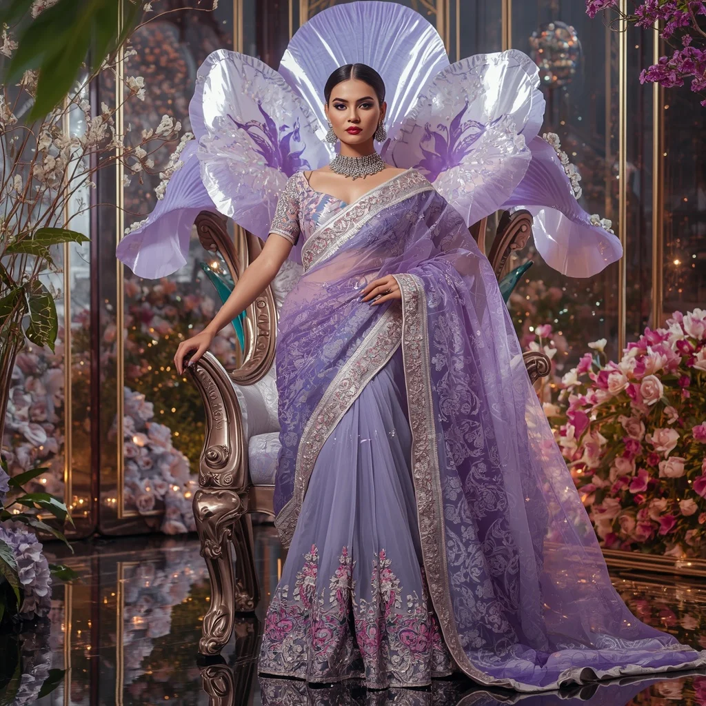 Giant Crystal Iris Throne Saree with Blooming Celestial Garden | Instagram Viral Photo Ai Prompt