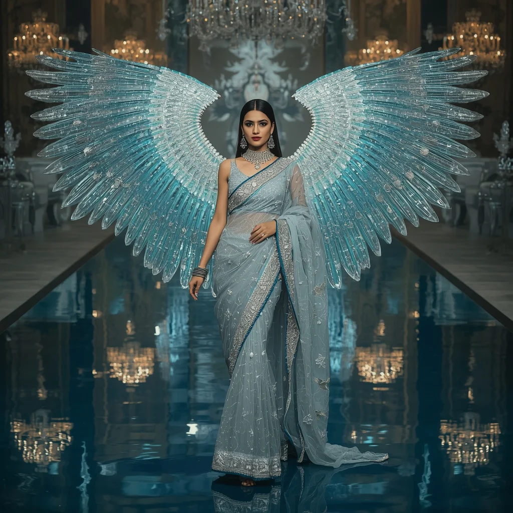 Giant Crystal Kingfisher Wing Saree with Reflection Water Empire | Influencers Ai Prompt