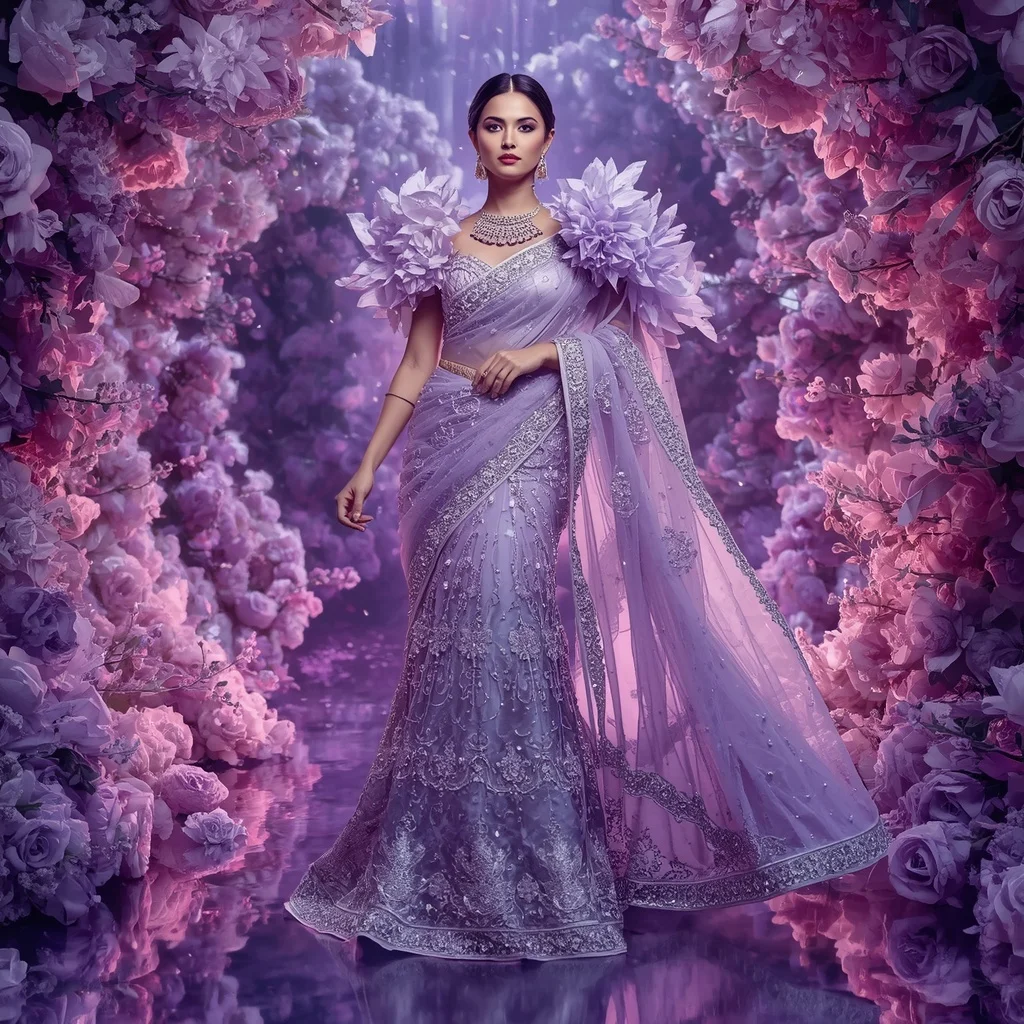 Giant Crystal Lavender Castle Saree with Blooming Royal Paradise | Instagram Highlight Cover Ai Prompt