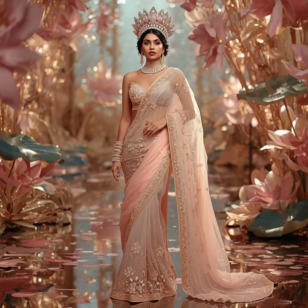 Giant Crystal Lotus Crown Waterfall Saree with Royal Bloom Paradise | Desi Girl Ai Prompt