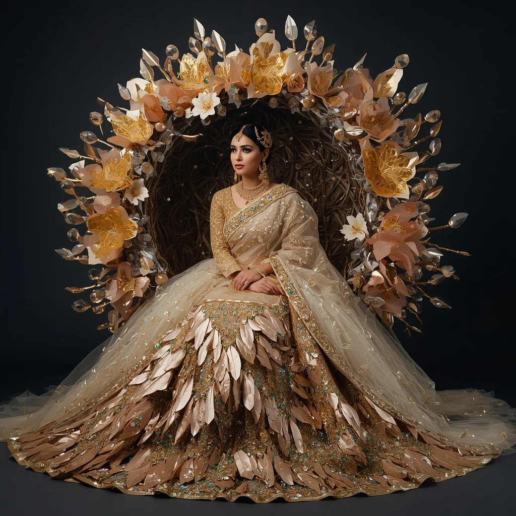 Giant Crystal Nest Saree with Floating Golden Bird Kingdom | Ai Selfie Prompt