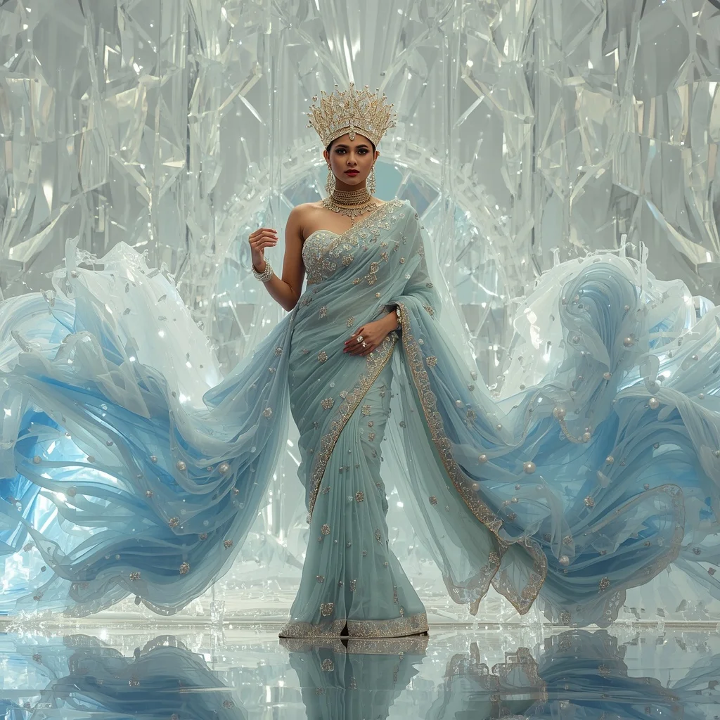 Giant Crystal Ocean Crown Saree with White Water Diamond Kingdom | Instagram Carousel Ai Prompt