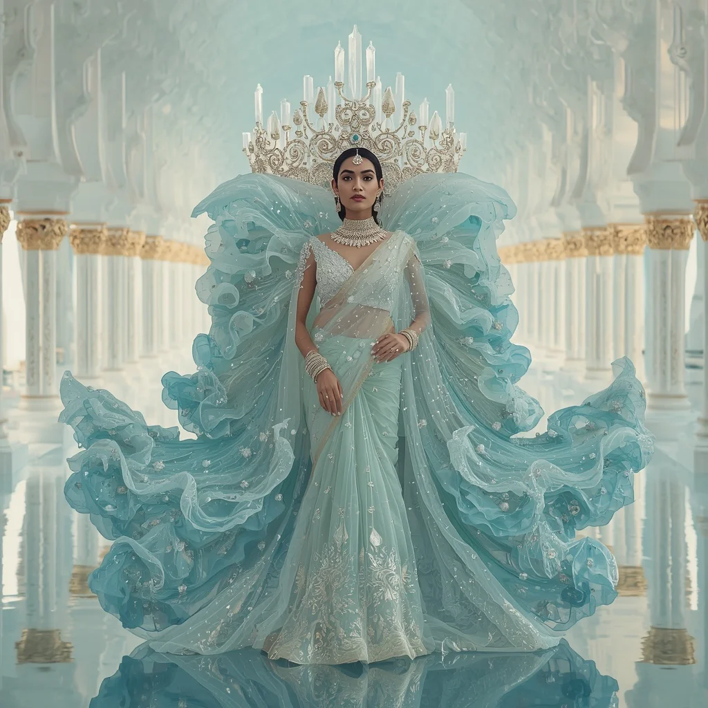 Giant Crystal Ocean Crown Saree with White Water Palace | Prompt For Gemini AI Girl Style Trending Indian