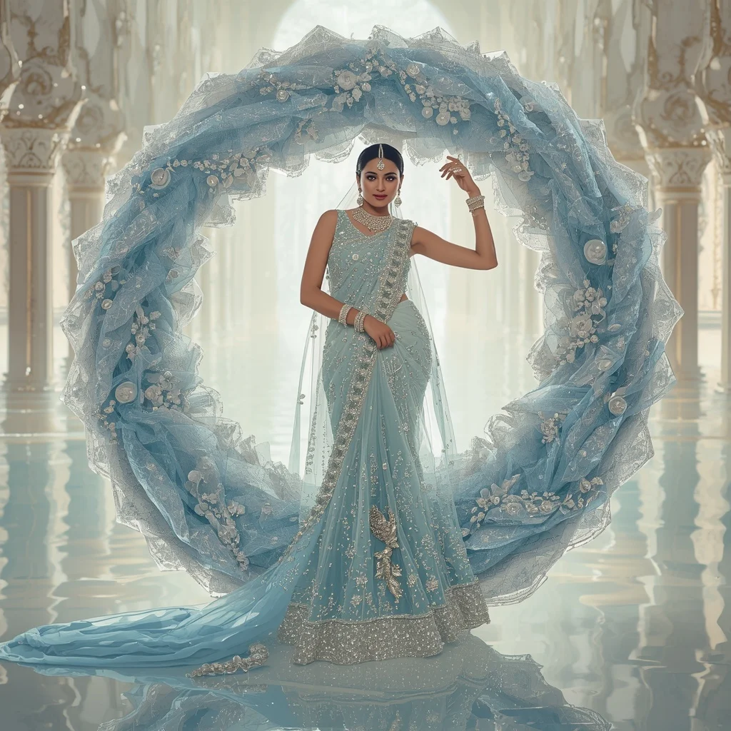 Giant Crystal Ocean Spiral Saree with White Water Palace Kingdom | Indian Girl Ai Prompt