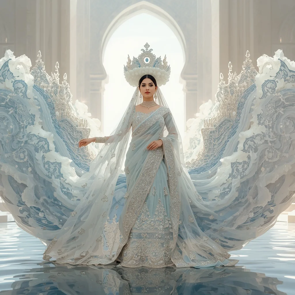 Giant Crystal Ocean Temple Crown Saree with White Water Fortress | Google Prompt