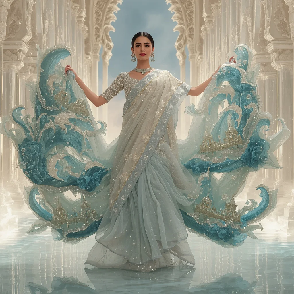 Giant Crystal Ocean Temple Saree with White Water Kingdom | Prompt For Gemini AI Girl Trending