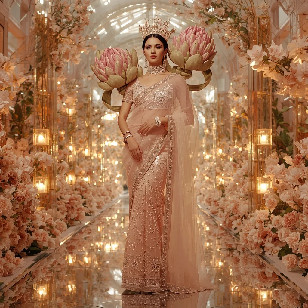 Giant Crystal Protea Crown Saree with Blooming Royal Paradise Empire | Prompt Trending Girl 2026