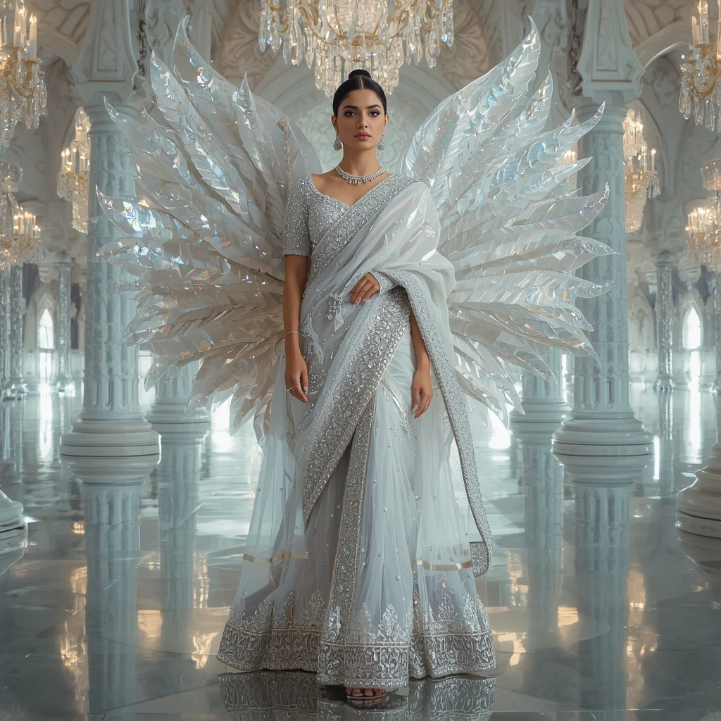 Giant Crystal Swan Cathedral Saree with Reflection Pearl Fortress | Gemini Photo Prompt