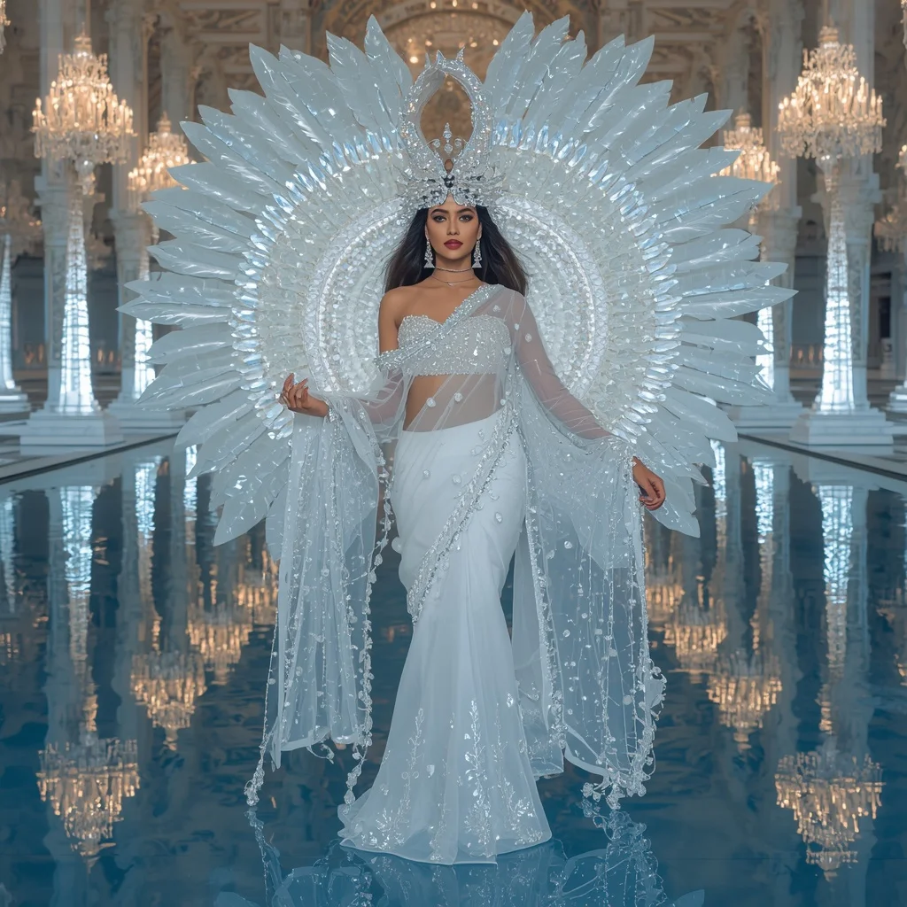 Giant Crystal Swan Palace Saree with Reflection Water Citadel | ChatGPT Photo Editing Prompts For Girl
