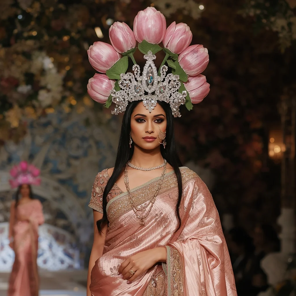 Giant Crystal Tulip Crown Saree with Luxury Floral Dome | ChatGPT Ai Prompt