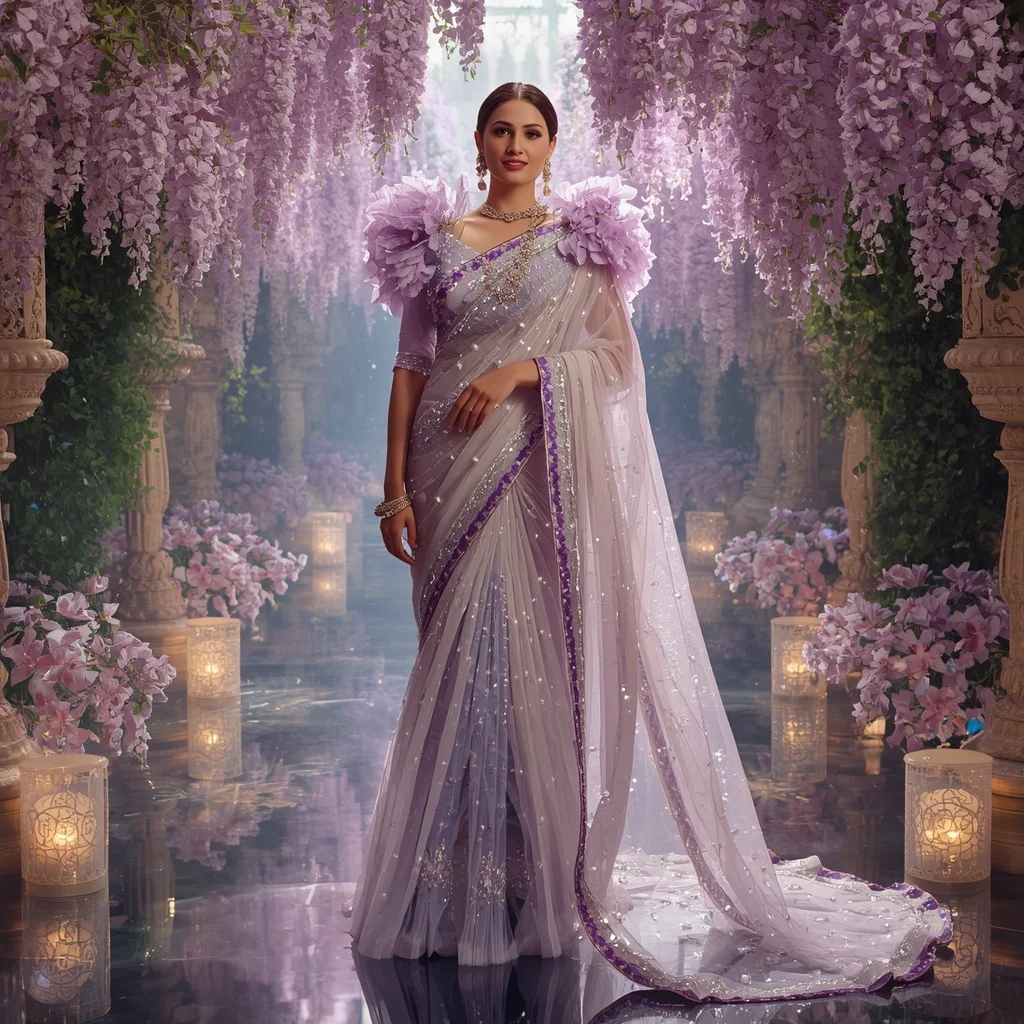 Giant Crystal Wisteria Waterfall Saree with Blooming Royal Sanctuary | Gemini AI Photo Prompt Copy Paste Trending Girl 2026