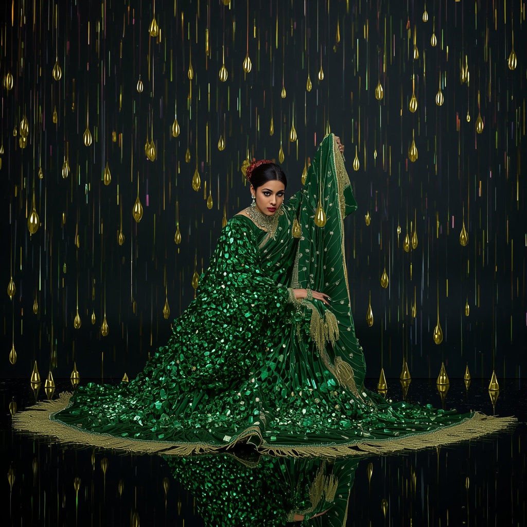 Giant Emerald Mosaic Velvet Saree: Deep Forest Green | The Crouching Tiger Floor Swipe Pose | Raining Liquid Gold | Saree Aesthetic Ai Prompt For Pinterest