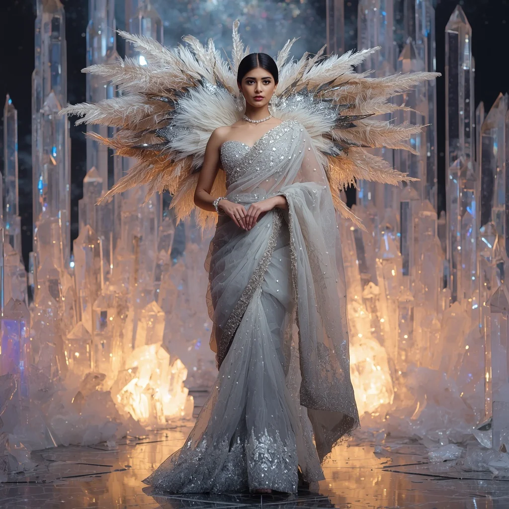 Giant Feather Diamond Galaxy Saree with Celestial Crystal Kingdom | Woman Pose Ai Prompt