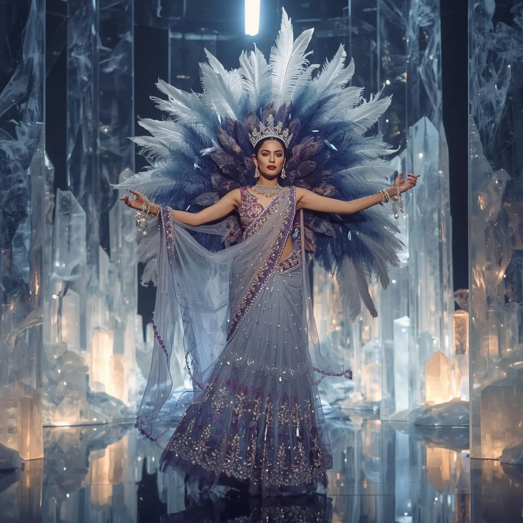 Giant Feather Nebula Crown Saree with Celestial Crystal Empire | Saree Ai Prompt