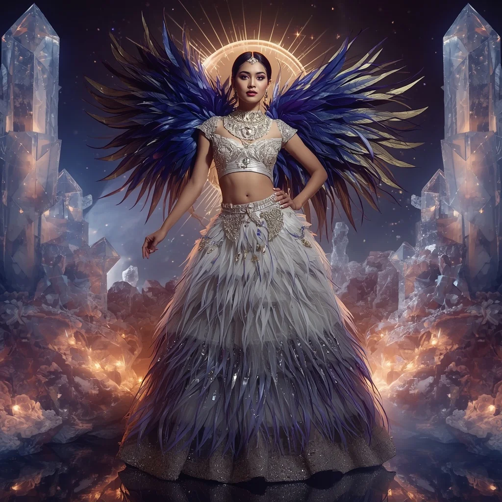 Giant Feather Solar Eclipse Saree with Celestial Crystal Kingdom | Woman Pose Ai Prompt