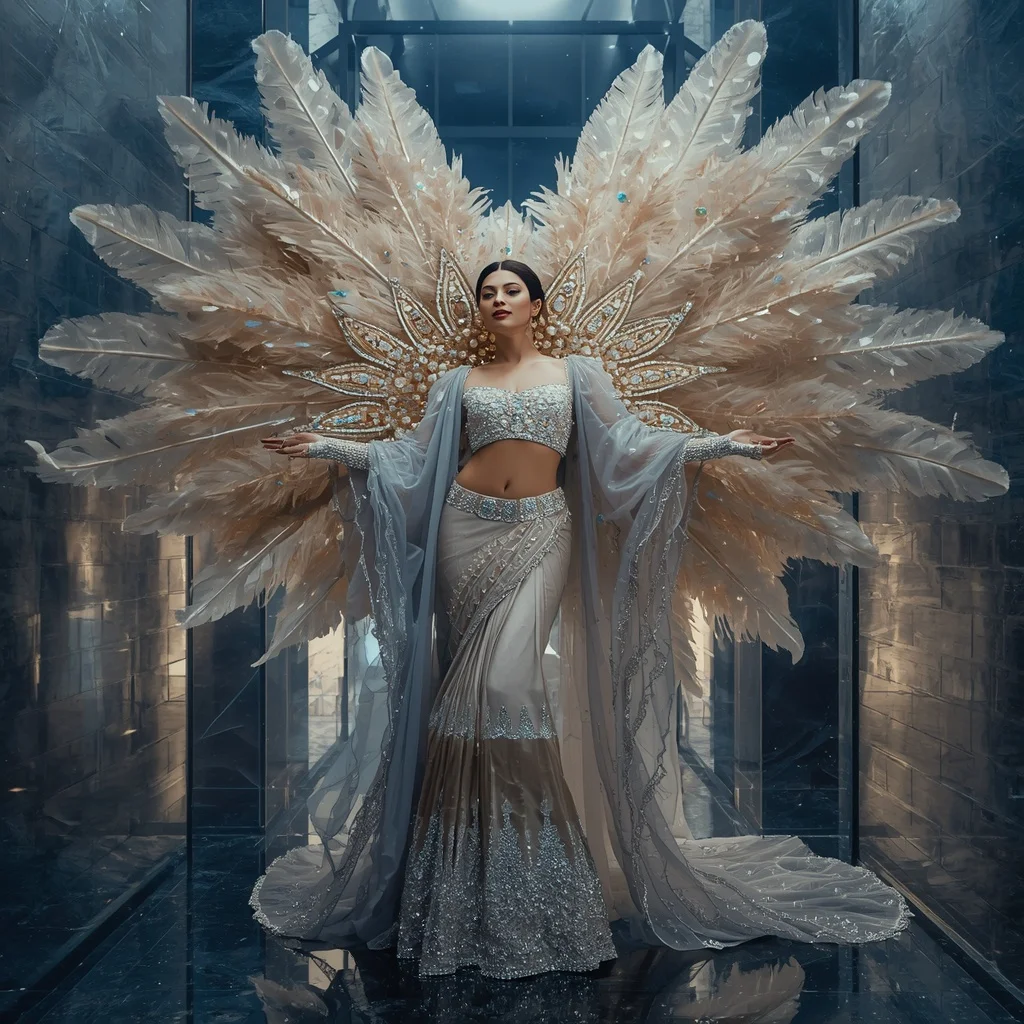 Giant Feather Solar Galaxy Saree with Celestial Diamond Fortress | Saree Ai Prompt
