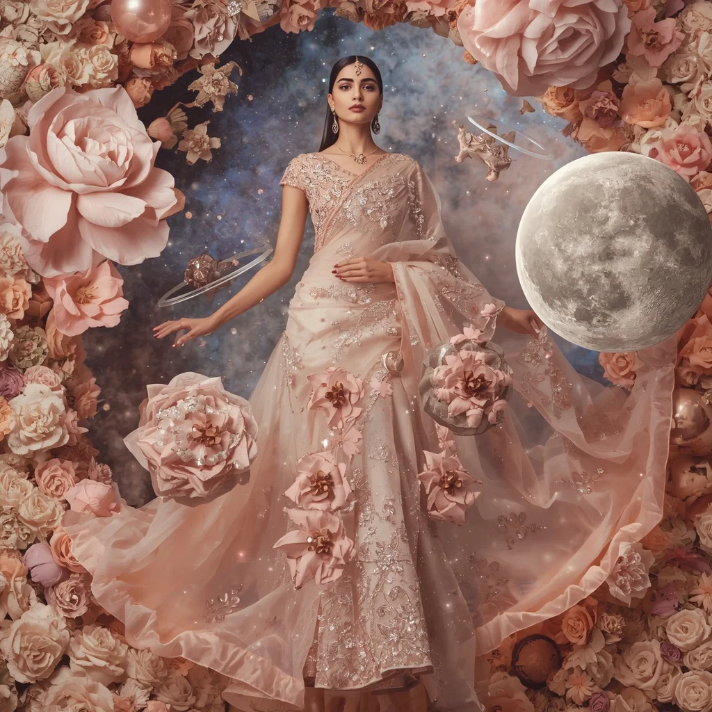 Giant Floating Camellia Moon Saree with Floral Galaxy Kingdom | Instagram Reel Ai Prompt