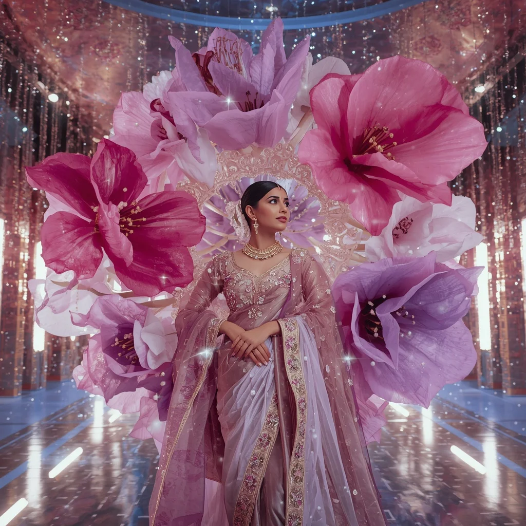Giant Floating Cosmos Flower Saree with Celestial Galaxy Palace | Cute Girl Ai Prompt