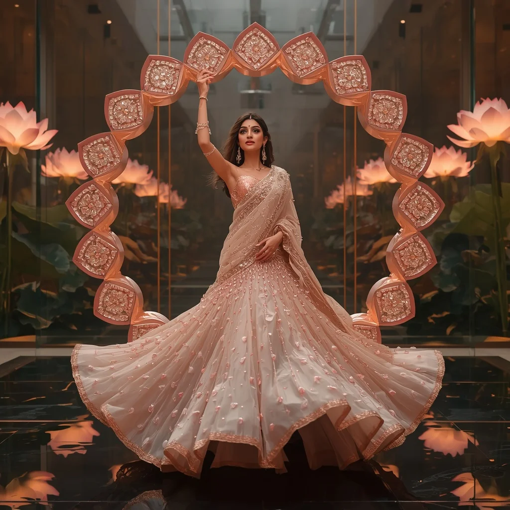 Giant Floating Lotus Ring Saree with Luxury Reflection Atrium | Google Prompt