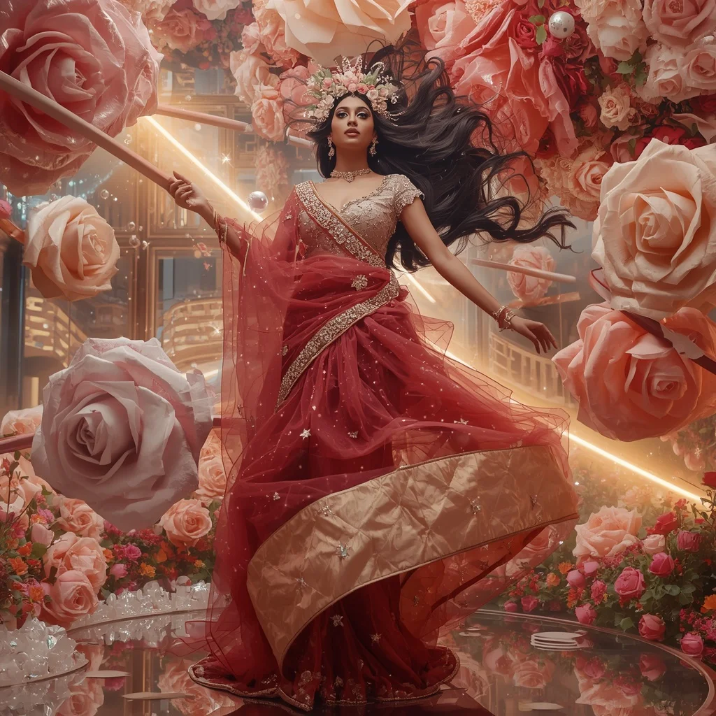 Giant Floating Rose Nebula Saree with Floral Universe Palace | Copy Paste Ai Prompt